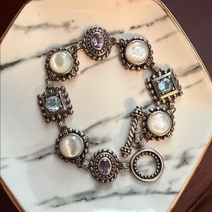Sterling Silver Pearl, aquamarine and amethyst bracelet